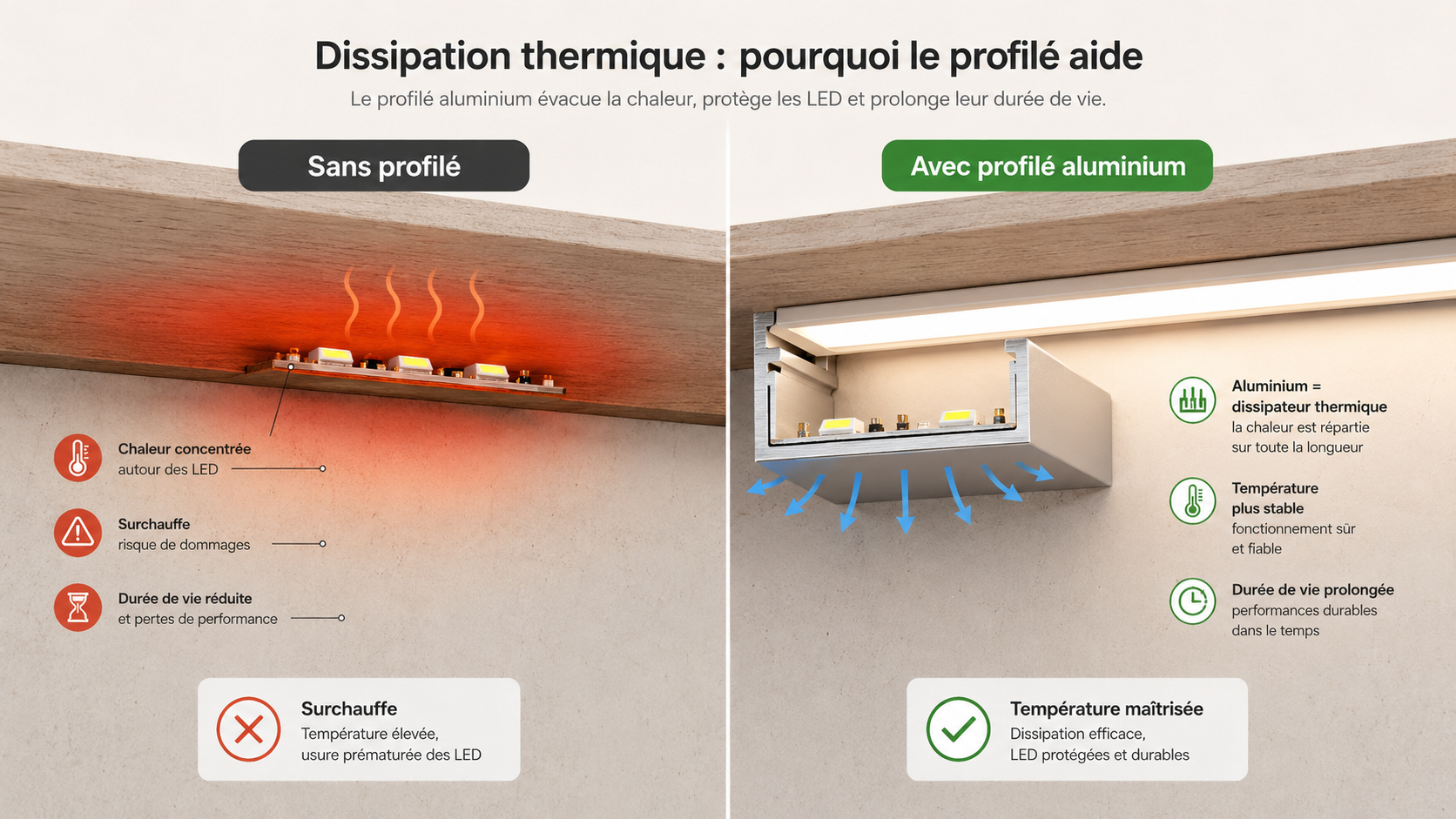 Schéma comparant la dissipation thermique d’un ruban LED avec et sans profilé aluminium