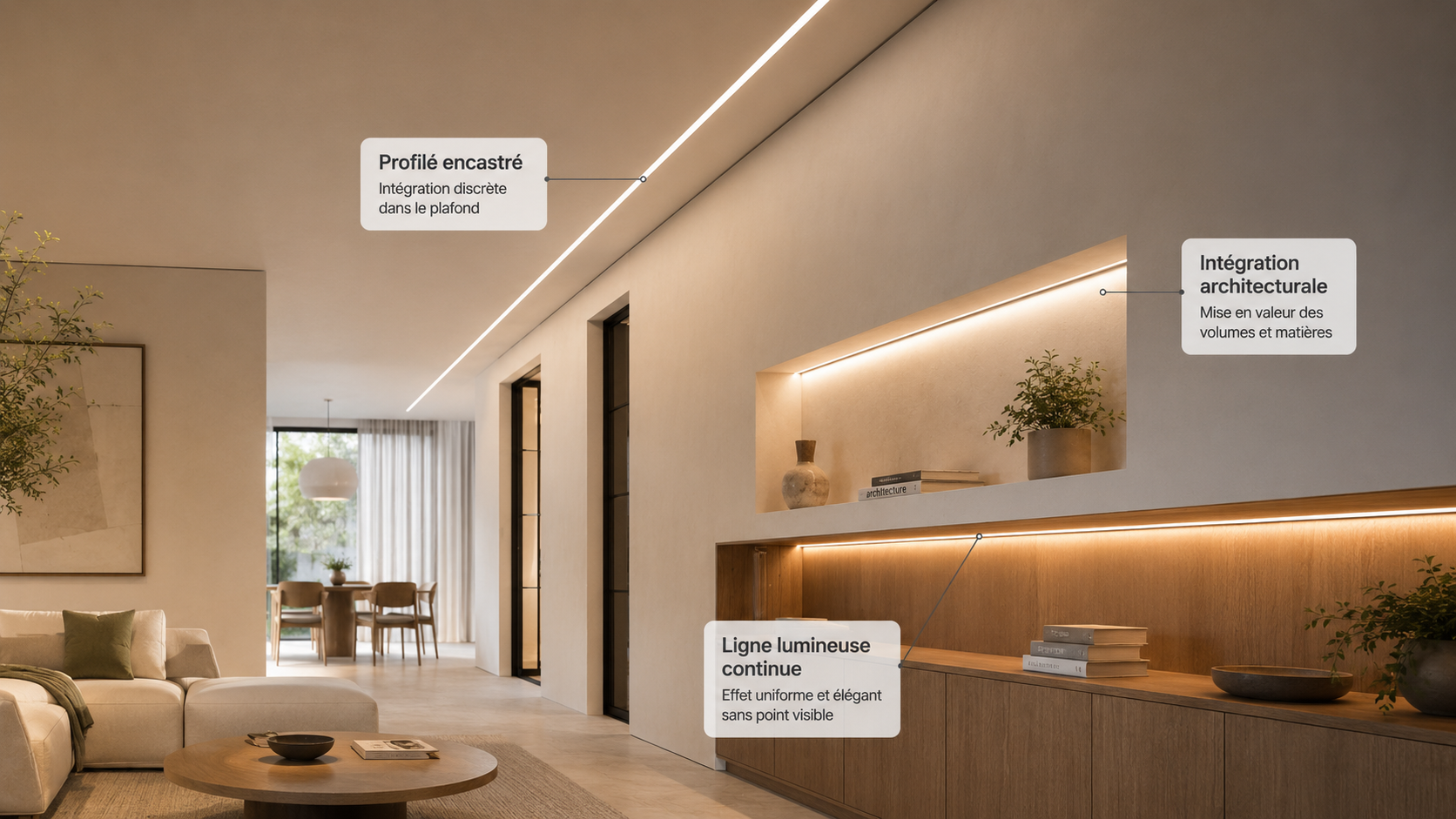 Profilés LED intégrés dans un plafond et un meuble pour créer des lignes lumineuses continues
