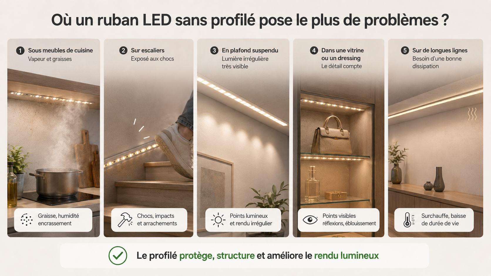 Exemples de zones où un ruban LED sans profilé est exposé aux chocs, à la chaleur et aux salissures