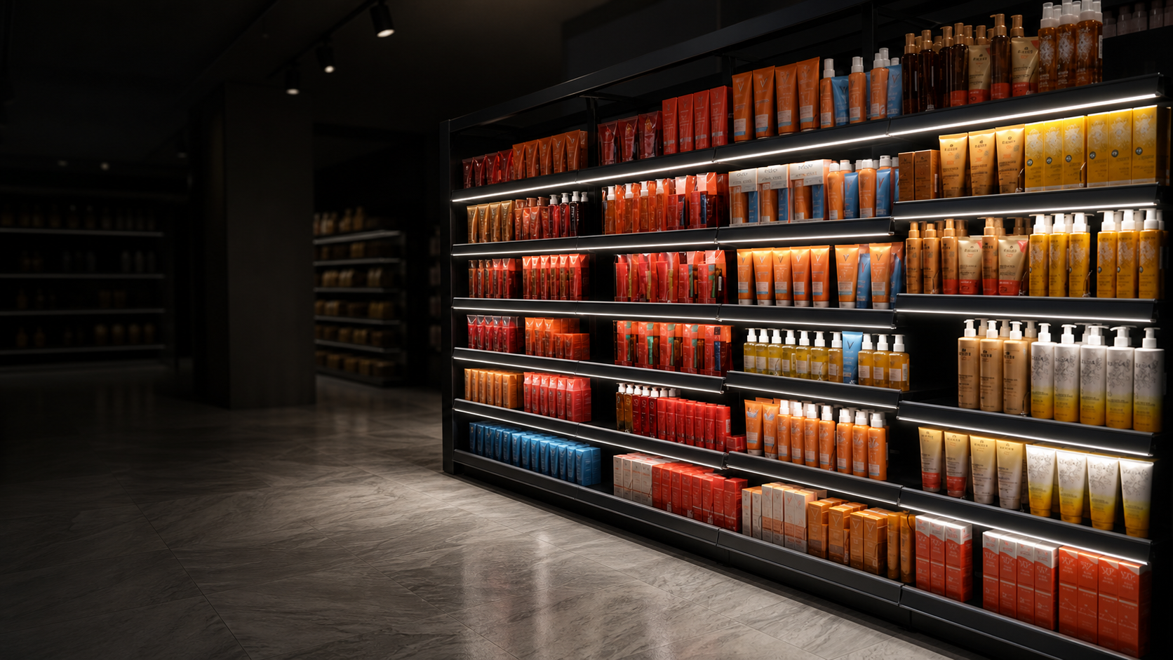 Rayonnage de magasin équipé de lignes LED Malltis éclairant chaque niveau de produits