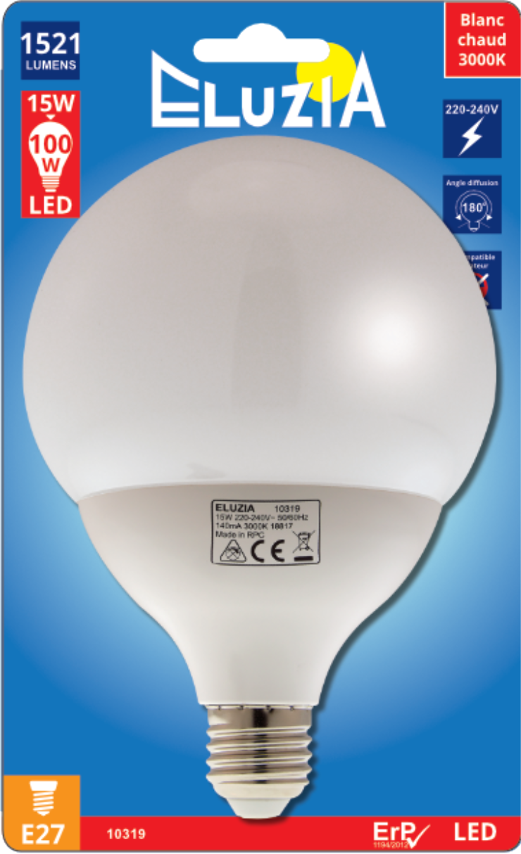 Produit — Ampoule LED SMD Globe G120 opale 3000K 1521L 15W E27