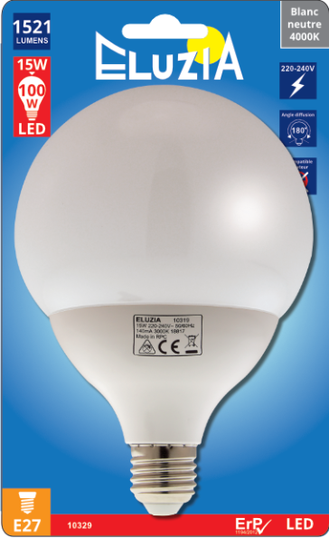 Produit — Ampoule LED SMD Globe G120 opale 4000K 1521L 15W E27