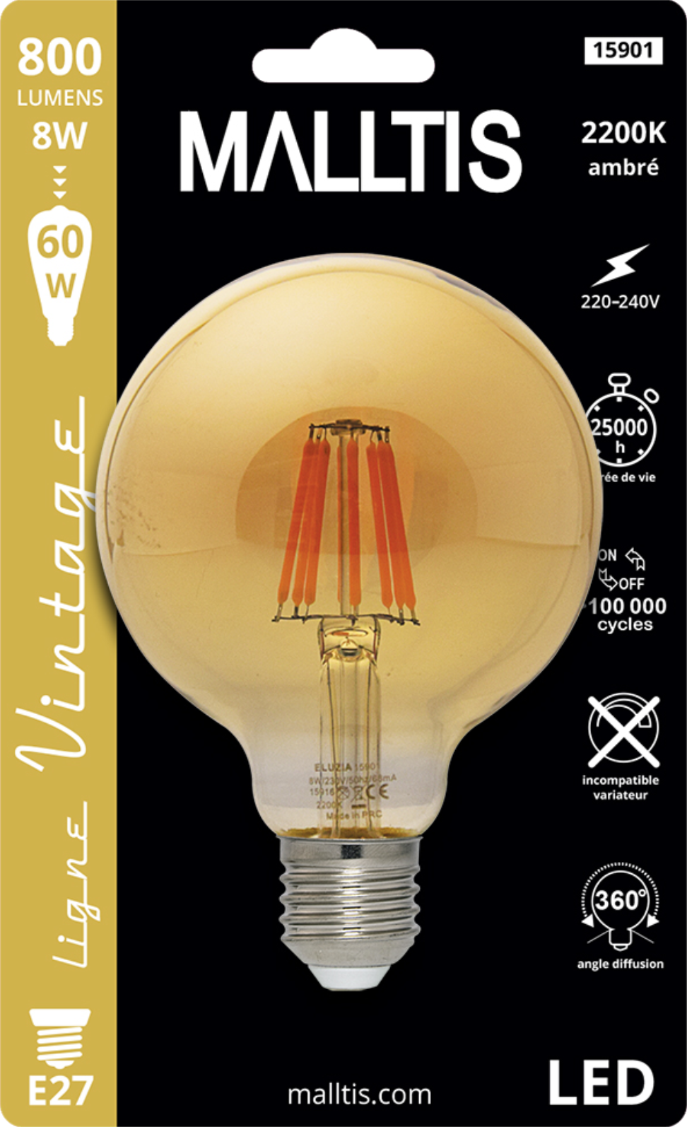 Produit — Ampoule LED Fil. (D) Globe G95 ambré 2200K 8W 800L E27