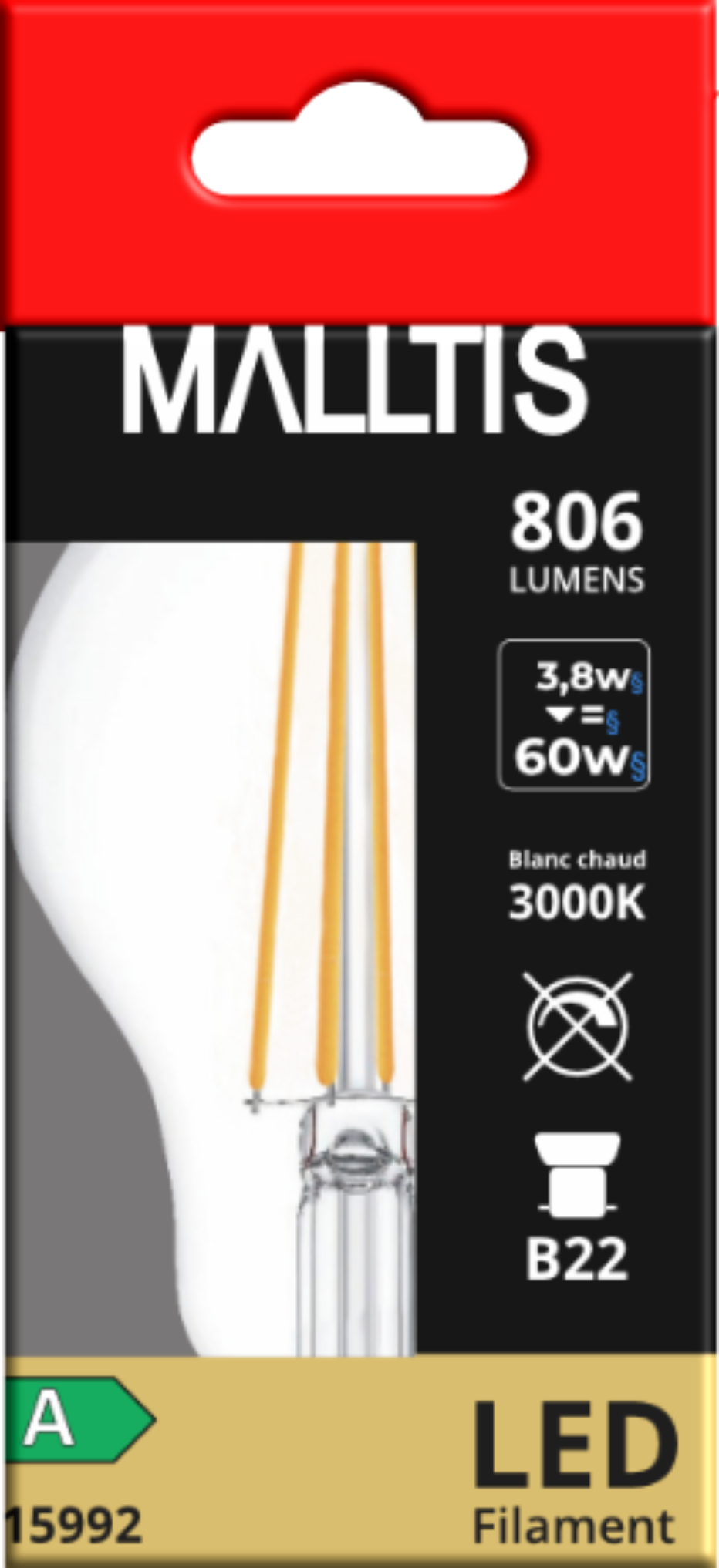 Produit — Ampoule LED Fil. (D) Std claire 3000K 3,8W 806L B22 - classe A