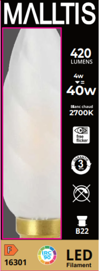 Produit — Ampoule LED Fil. Flamme Torsadée Géante Dépolie 2700K 4W 450L B22 IRC90