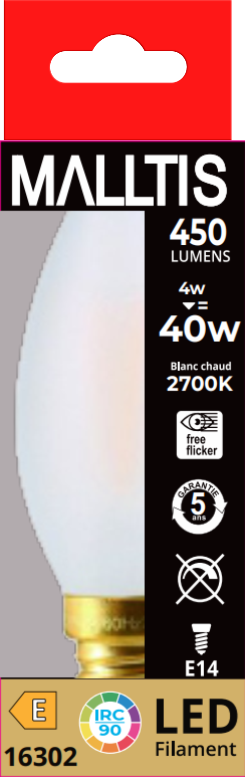 Packaging — Ampoule LED Fil. Flamme Lisse Dépolie 2700K 4W 450L E14 IRC90