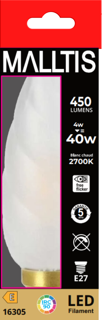 Packaging — Ampoule LED Fil. Flamme Torsadée Géante Dépolie 2700K 4W 450L E27 IRC90