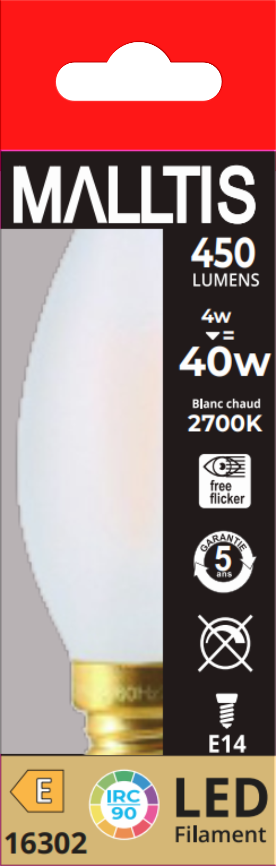 Packaging — Ampoule LED Flamme Torsadée Dépoli Ext. 2700K 4W 400L E14 IRC90 Dimmable