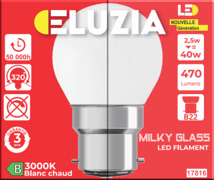 Produit — Ampoule LED Fil. Mini sphér. Milky 3000K 2,5W 470L B22 - classe B