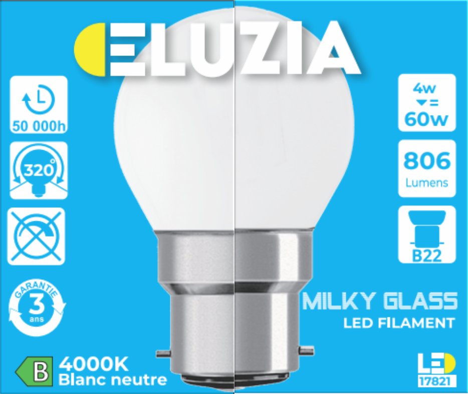 Produit — Ampoule LED Fil. Mini sphér. Milky 4000K 4W 806L B22 - classe B