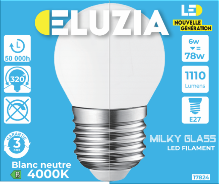 Produit — Ampoule LED Fil. Mini sphér. Milky 4000K 6W 1110L E27 - classe B