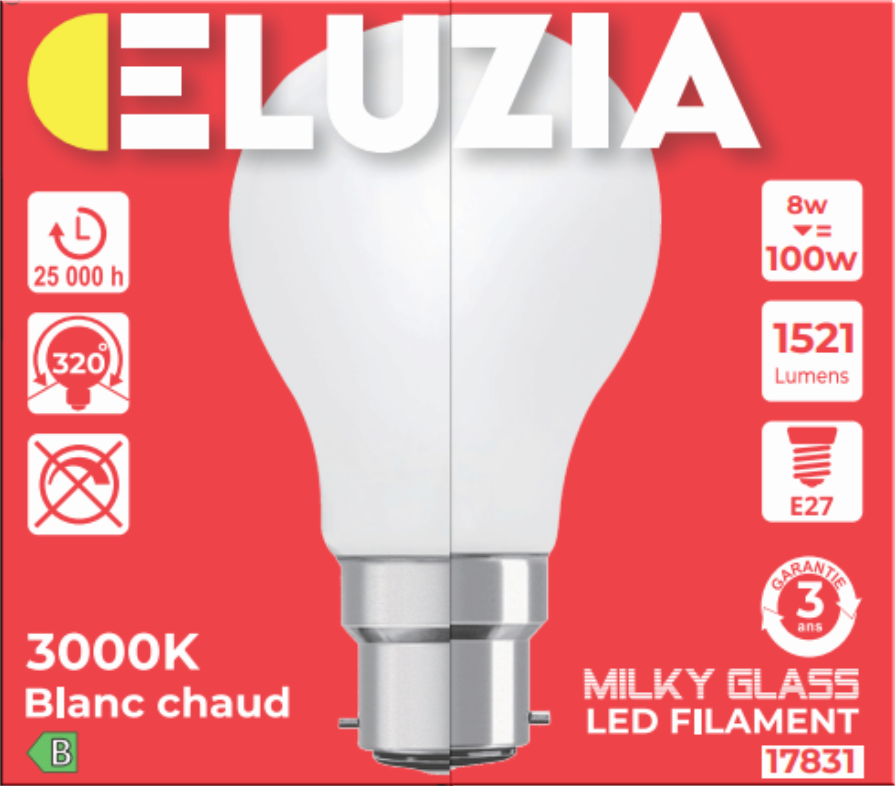Produit — Ampoule LED Fil. Std Milky 3000K 8W 1521L B22 - classe B