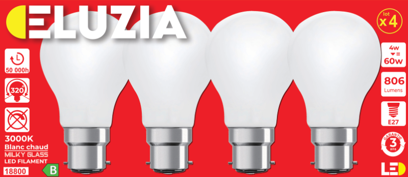 Produit — Ampoule LED Fil. Std Milky 3000K 4W 806L B22 - classe B - Bx4