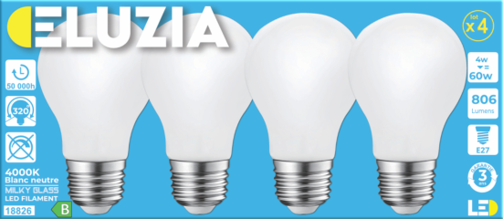 Produit — Ampoule LED Fil. Std Milky 4000K 4W 806L E27 - classe B - Bx4