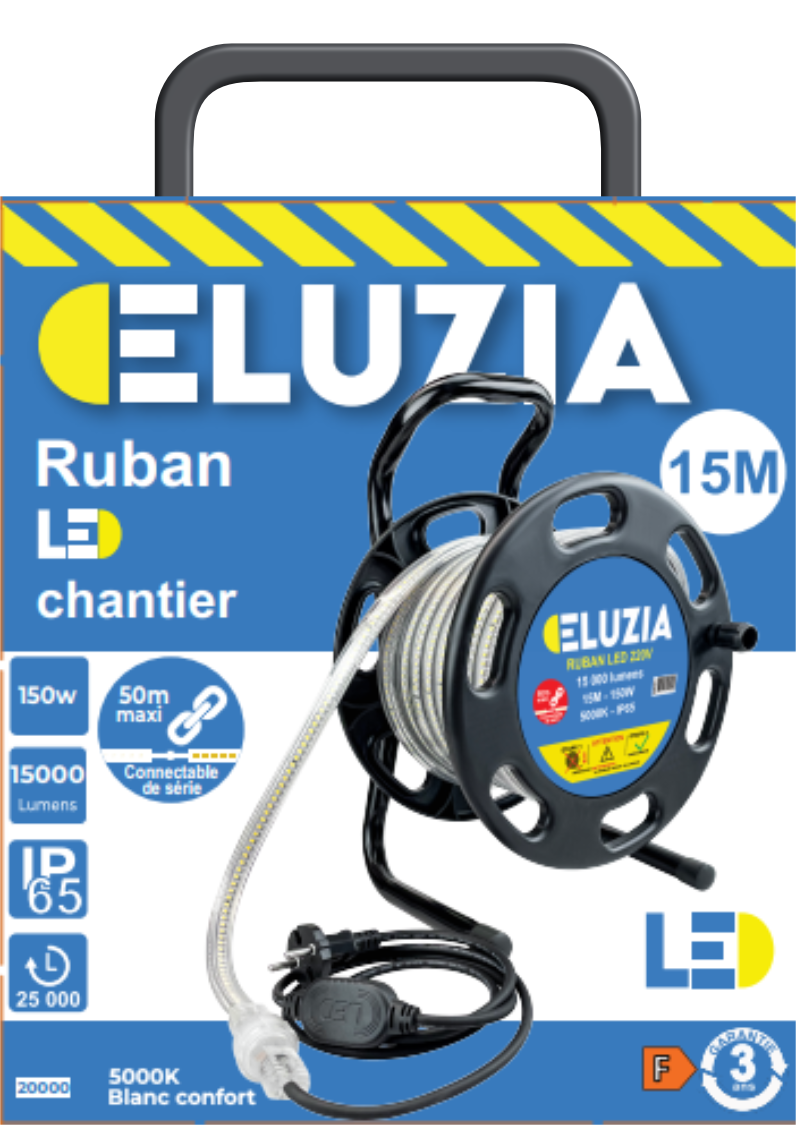 Produit — Ruban LED 220V sur dévidoir 15m 129W 8.6W/m 14700L 5000K + connecteur