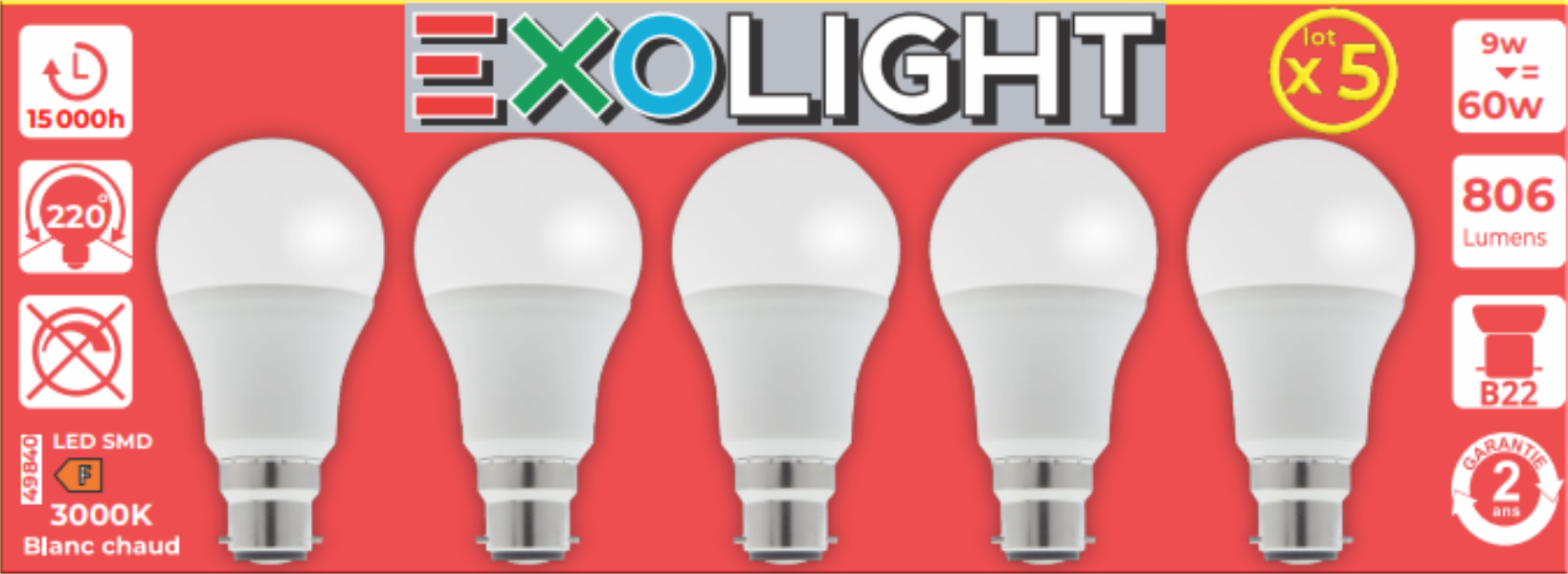 Produit — Ampoule LED SMD Std Opale 3000K 9W 806L B22 - Bx5