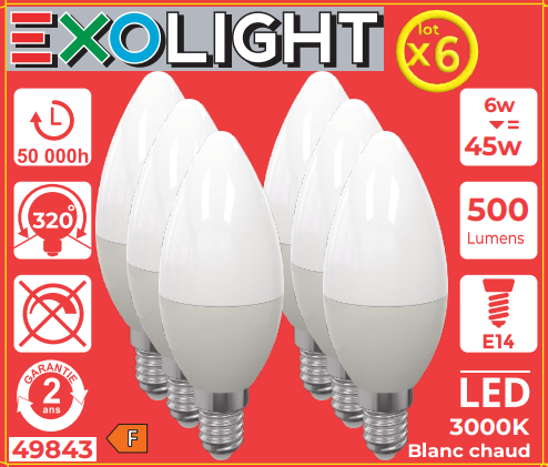 Produit — Ampoule LED SMD Flamme lisse opale 3000K 6W 500L E14 - Bx6