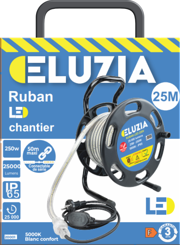 Produit — Ruban LED SMD 220V sur dévidoir 25m 215W 8.6W/m 24500L 5000K + connecteur