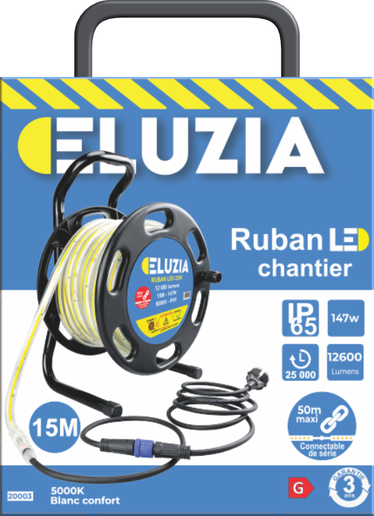 Produit — Ruban LED COB sur dévidoir 220V 15m 147W 9.8W/m 12600L 5000K IRC90 + connecteur