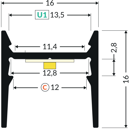 Dimensions — Profilé LED COZY12 C/U1 2m anodisé