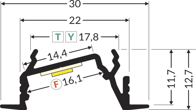 Dimensions — Profilé LED DIAGONAL14 F/TY 2m anodisé