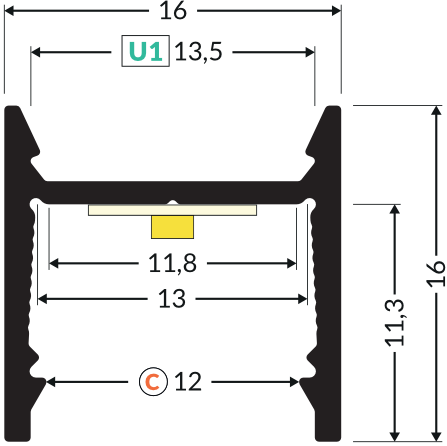 Dimensions — Profilé LED LEVEL12 C/U1 2m anodisé