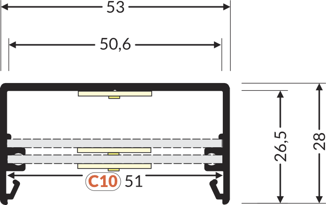 Dimensions — Profilé LED LOWI C10 2m brut alu.