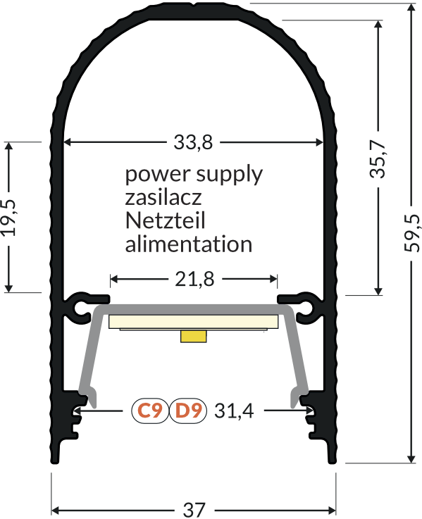 Dimensions — Profilé LED NAMI23 CD-9 2m medium noir painted /plastic bag