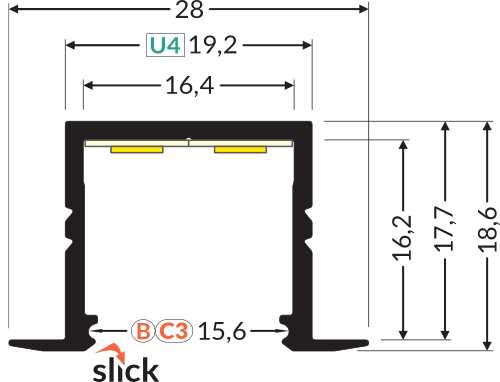 Dimensions — Profilé LED SMART-IN16 BC3/U4 2m anodisé
