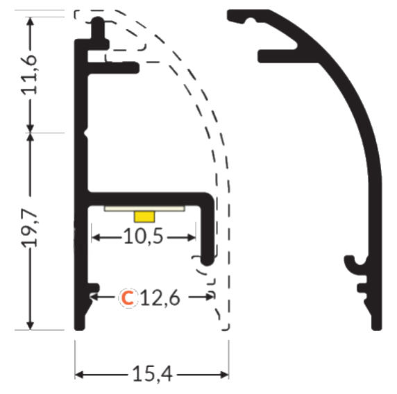 Dimensions — Joue profilé LED WAY10 C /2m alu laqué blanc (C)