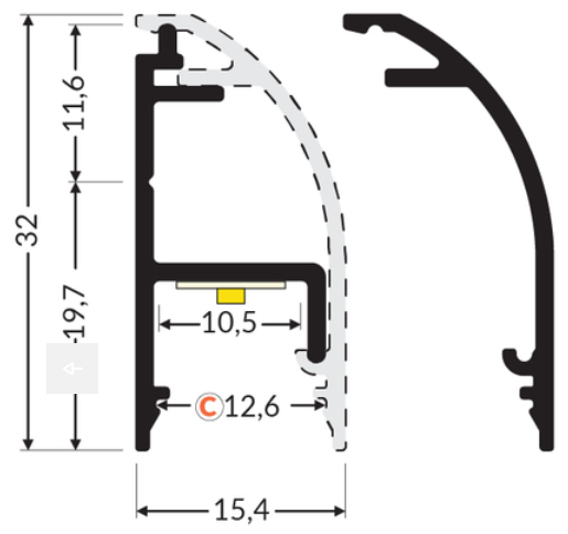 Dimensions — Profilé LED WAY10 C /2m alu anodisé (C)