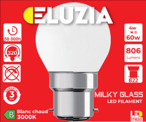 Produit — Ampoule LED Fil. Mini sphér. Milky 3000K 4W 806L B22 - classe B