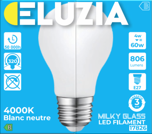 Produit — Ampoule LED Fil. standard Milky 4000K 4W 806L E27 - classe B