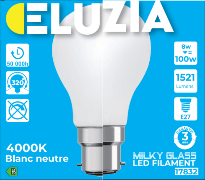 Produit — Ampoule LED Fil. Std Milky 4000K 8W 1521L B22 - classe B
