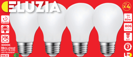 Produit — Ampoule LED Fil. Std Milky 3000K 4W 806L E27 - classe B - Bx4