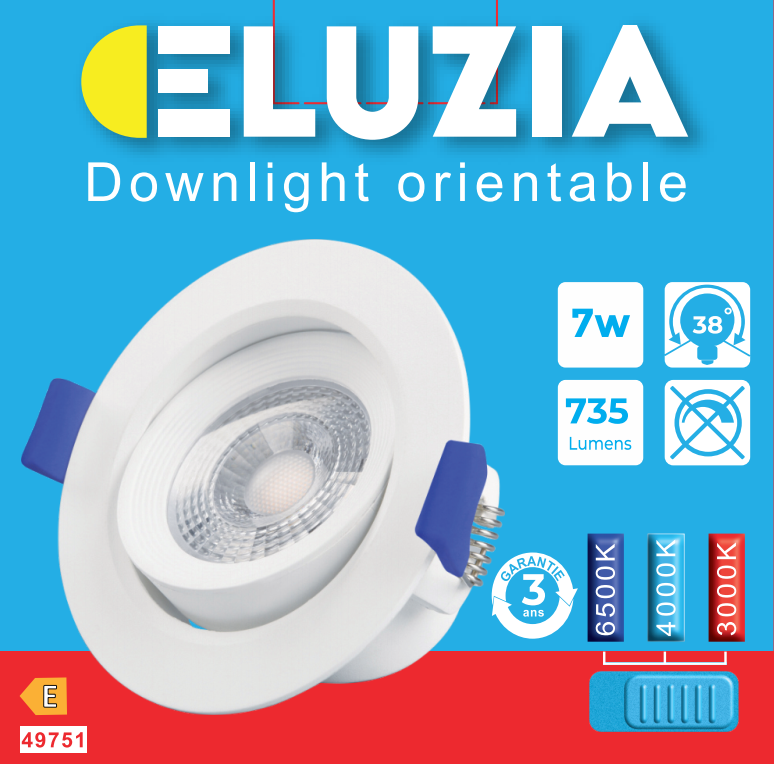 Produit — Spot encastré LED Basculant SMD intégrée CCT switch 38° IP40 650 à 735L 7W - boite x1
