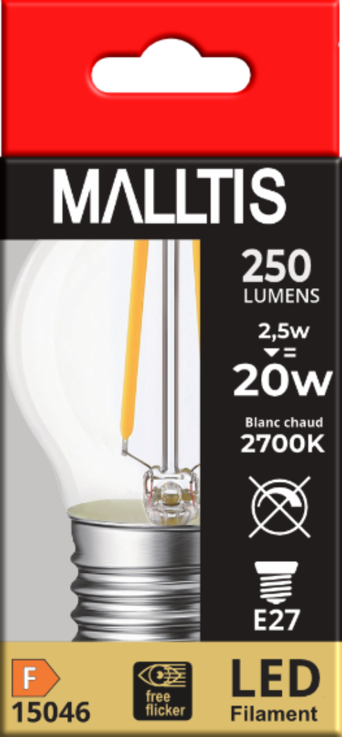 Ampoule LED Fil. (D) mini sphér. P45 claire 2700K 2,5W 250L E27 free-flicker - Bx1