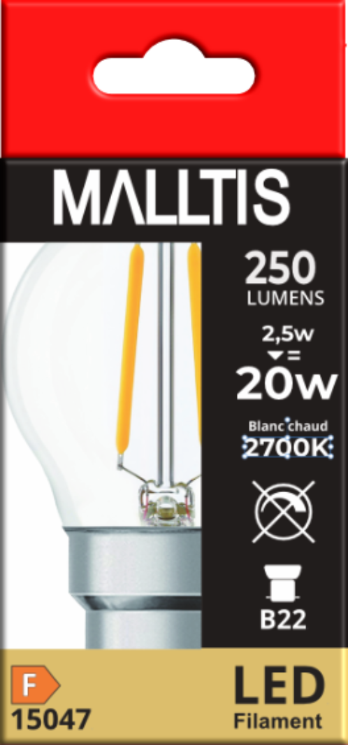 Ampoule LED Fil. (D) mini sphér. P45 claire 2700K 2,5W 250L B22 free-flicker - Bx1