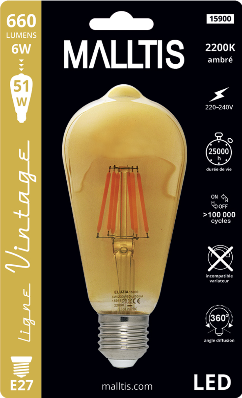 Ampoule LED Fil. (D) Edison ST64 ambré 2200K 6W 660L E27