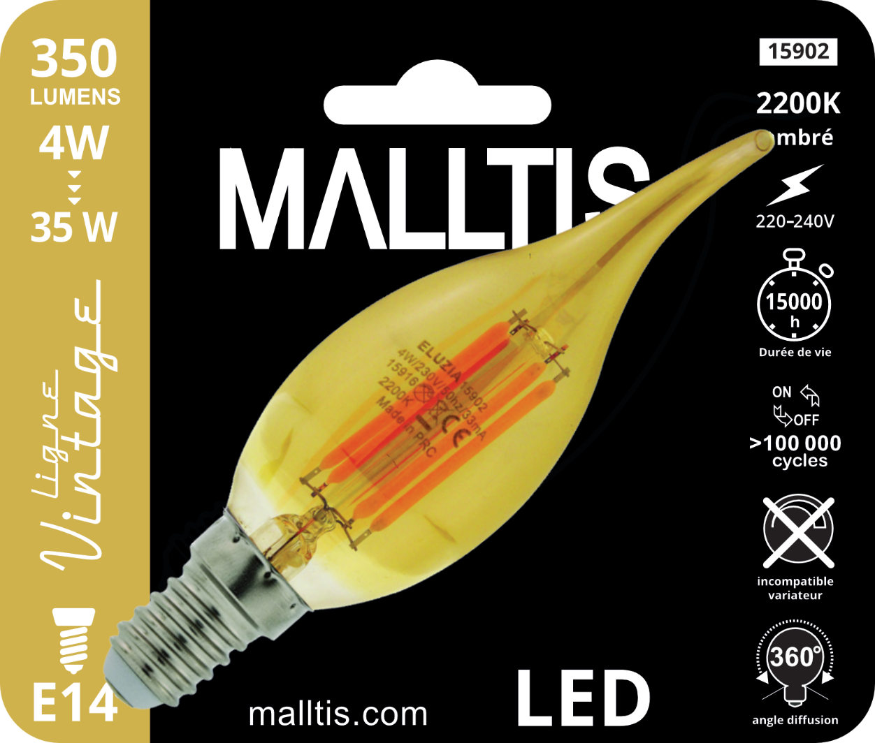 Ampoule LED Fil. (D) Flamme CDV ambré 2200K 4W 440L E14
