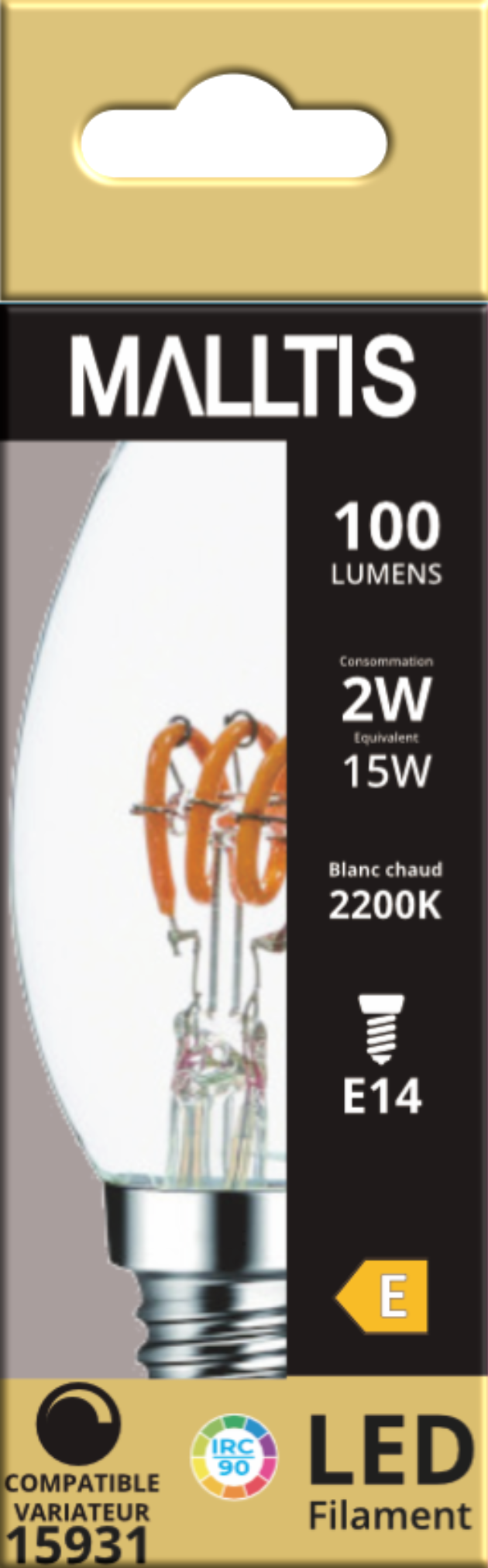 Ampoule LED Fil. (T) Flamme lisse claire 2200K 2W 100L E14 dimmable IRC90