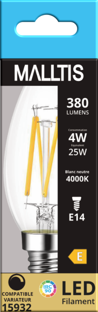 Ampoule LED Fil. (C) Flamme lisse claire 4000K 4W 380L E14 dimmable IRC90