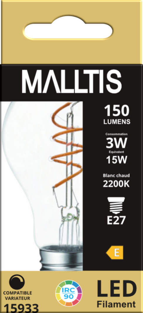Ampoule LED Fil. (T) Std claire 2200K 3W 150L E27 dimmable IRC90