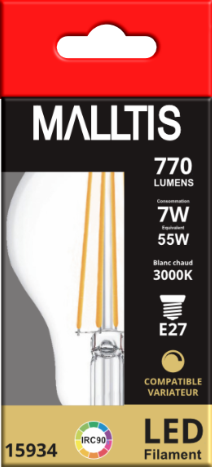 Ampoule LED Fil. (C) Std claire 3000K 7W 770L E27 dimmable IRC90