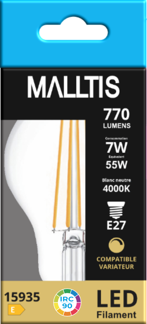 Ampoule LED Fil. (C) Std claire 4000K 7W 770L E27 dimmable IRC90
