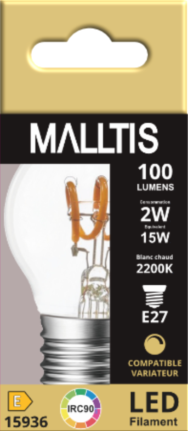 Ampoule LED Fil. (T) mini sphér. P45 claire 2200K 2W 100L E27 dimmable IRC90