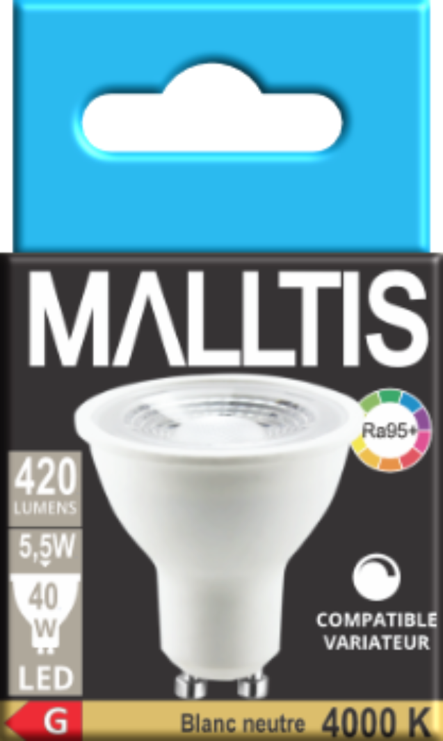 Ampoule LED GU10 5.5W 4000K 36° 400L IRC95 dim.