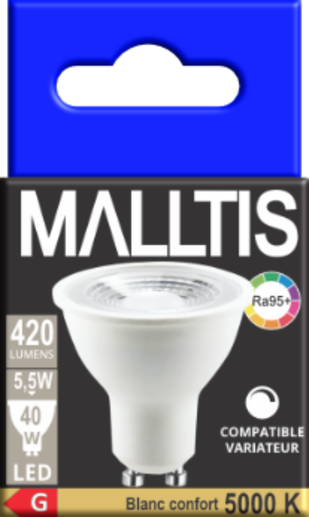 Ampoule LED GU10 5.5W 5000K 36° 400L IRC95 dim.