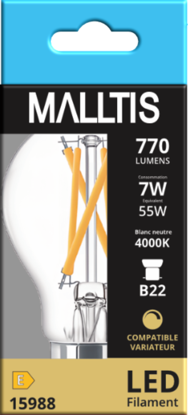 Ampoule LED Fil. (C) Std claire 4000K 7W 770L B22 dimmable IRC90