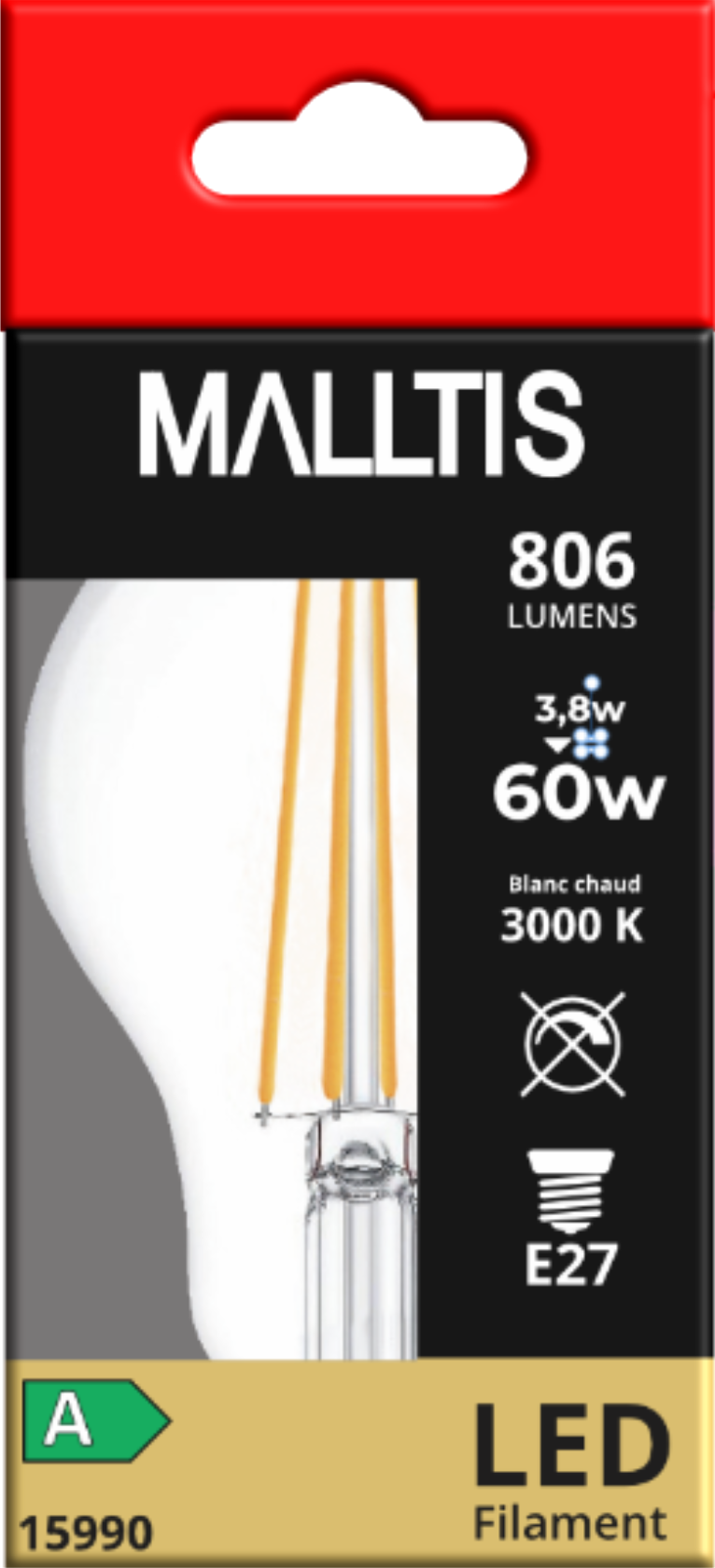 Ampoule LED Fil. (D) Std claire 3000K 3,8W 806L E27 - classe A